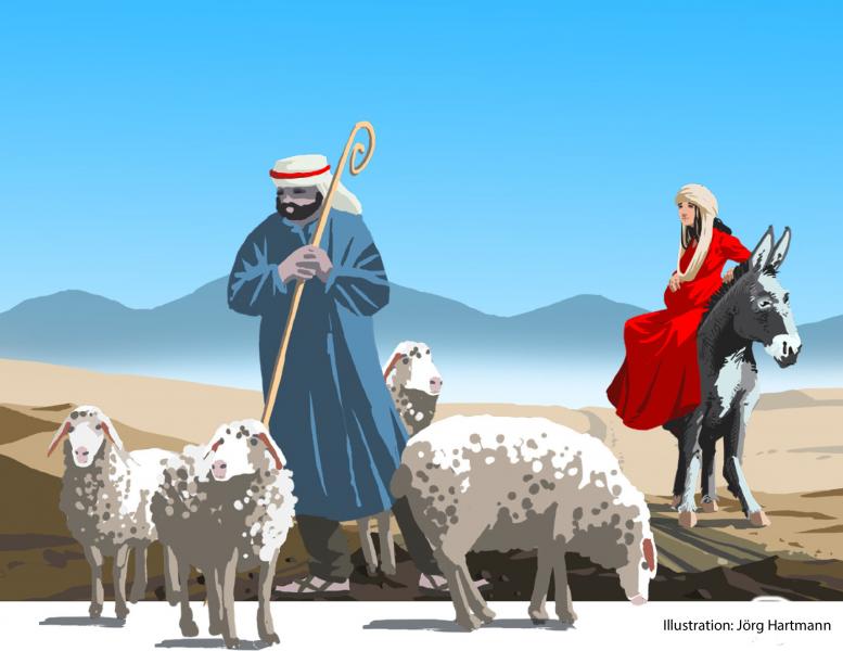 Ein Hirte steht mit seiner Herde auf einem sandigen Weg. Neben ihm sitzt Maria auf einem Esel. 