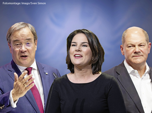 Eine Fotomontage zeigt die Kanzlerkandidaten Armin Laschet (CDU), Annalena Baerbock (Grüne) und Olaf Scholz (SPD) 