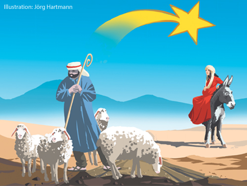 Eine Illustration zeigt Maria auf einem Esel, Hirten und den Stern von Betlehem.