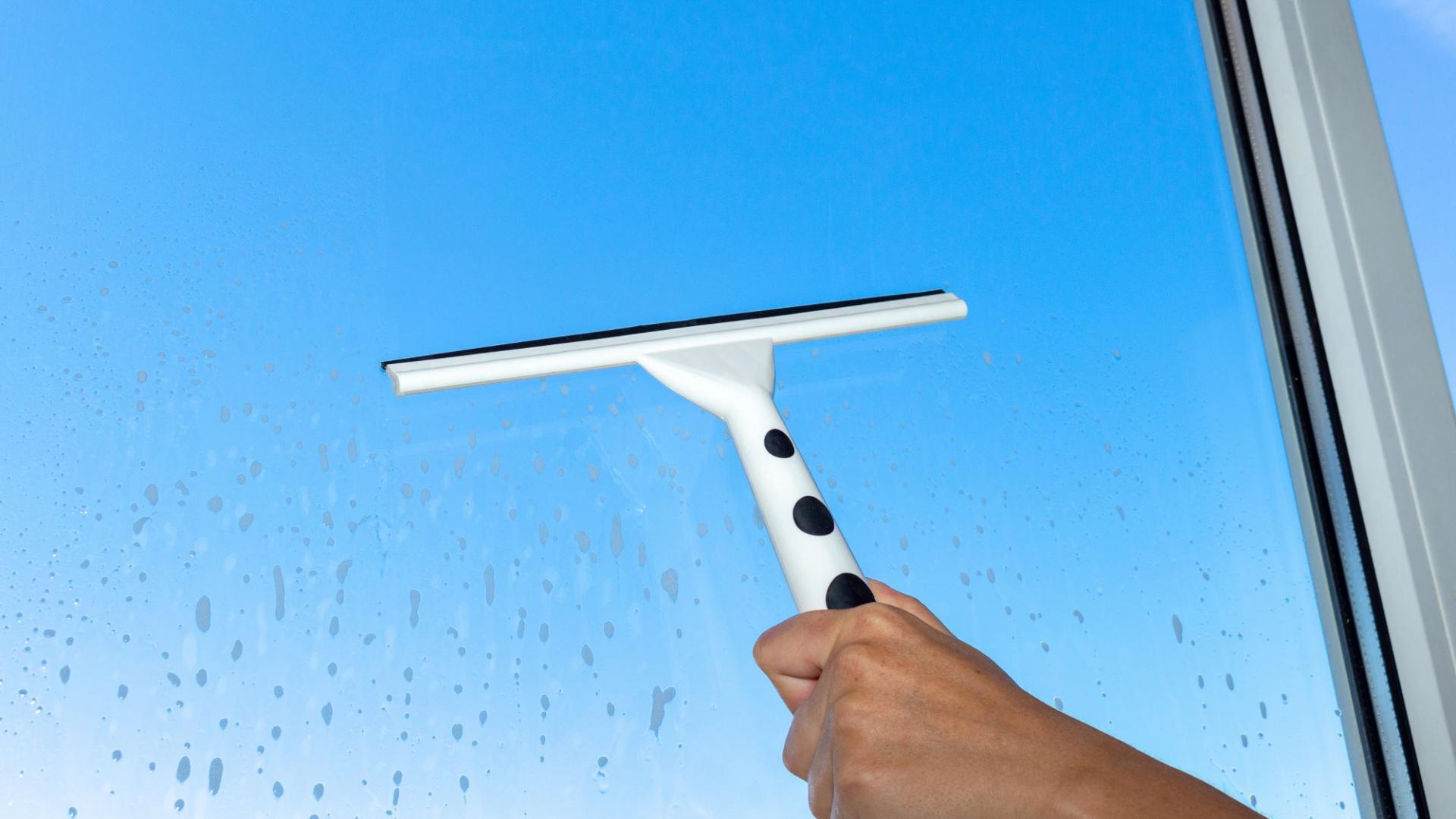 Mit einem Abzieher wird ein feuchtes Fenster gereinigt