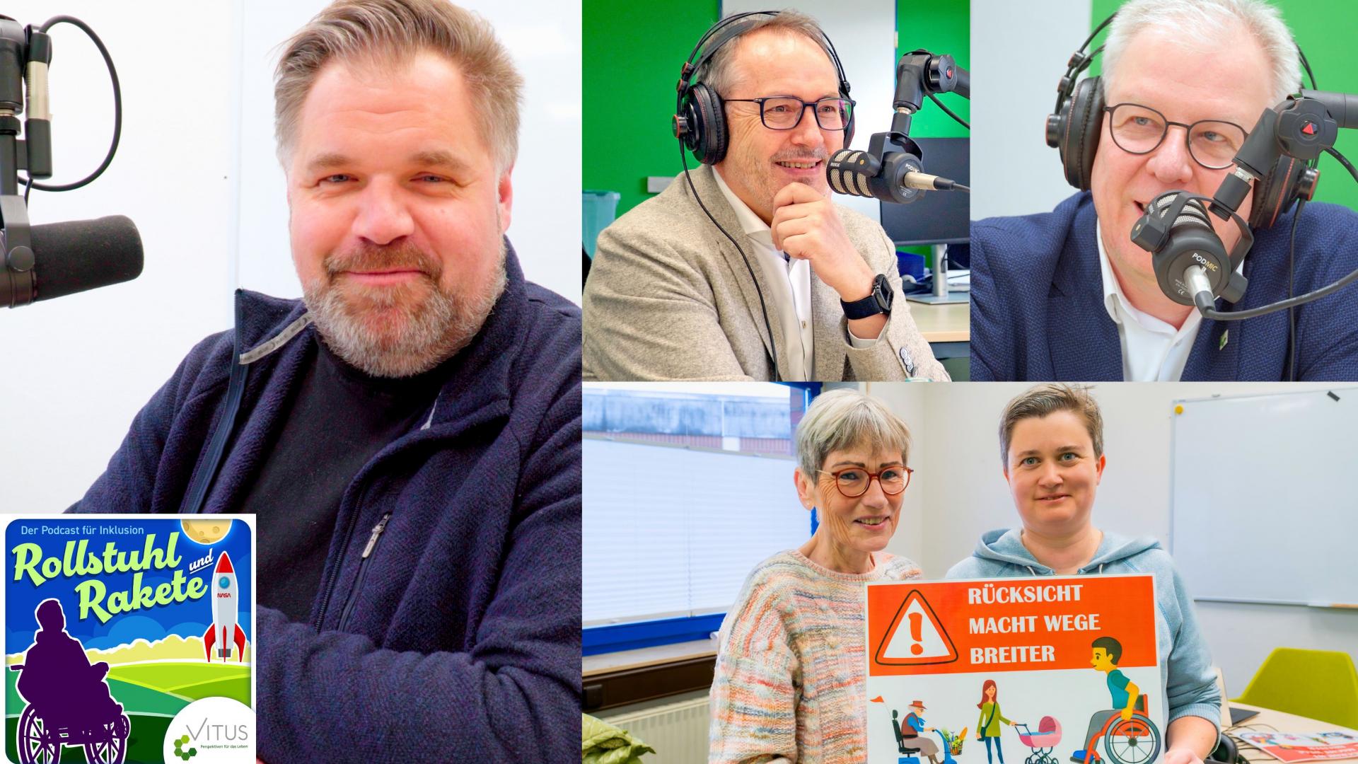 Menschen sitzen an einem Mikrophon.